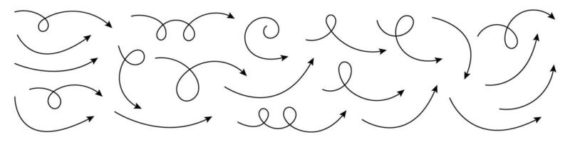 Collection of curved hand drawn arrows. Set of hand drawn curved arrows. vector