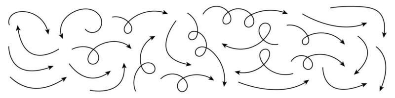 Collection of thin line curved hand drawn arrows. vector