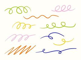 Colorful Hand Drawn Swirl Lines. A vibrant set of hand-drawn swirl and wavy lines in various colors. Perfect for decorative elements, doodle art, creative backgrounds and dynamic compositions vector