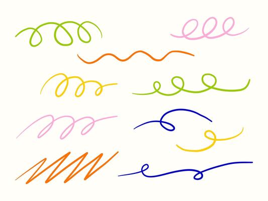 Colorful Hand Drawn Swirl Lines. A vibrant set of hand-drawn swirl and wavy lines in various colors. Perfect for decorative elements, doodle art, creative backgrounds and dynamic compositions