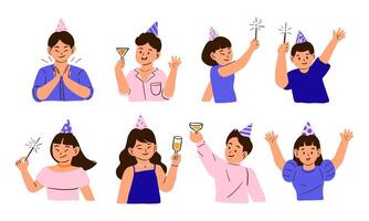 Joyful New Year Party Celebration Characters. A set of happy party characters wearing festive hats, and celebrating with cheerful expressions. Perfect for greeting cards, and festive designs vector