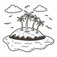 Tropical Island with Palm Trees and Birds in Black and White Line Art vector