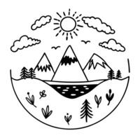 Minimalist Mountain Landscape with Sun and Clouds in Line Art Style vector