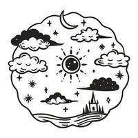 Whimsical Celestial Sun and Moon with Clouds and Stars vector