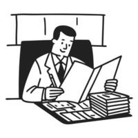 Smiling businessman at desk reviewing documents, work productivity, office setting, paperwork management vector