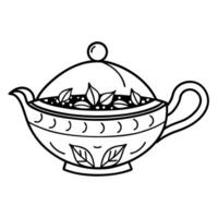 Ornate teapot illustration with decorative foliage details in elegant line art vector