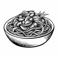 Vintage Sketch of a Bowl of Pasta with Tomato and Basil in Black and White Illustration vector