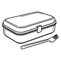 Outlined lunchbox and fork on white background, minimalist food container design vector