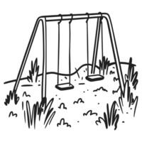 Empty playground swing set in park illustration, black and white sketch of nostalgic childhood scene vector