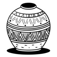 Traditional clay pot with intricate geometric patterns and bold lines, black and white illustration vector