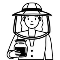 Beekeeper holding jar of honey line art illustration of apiary worker and honeycomb harvest vector