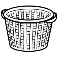 Minimalist black and white illustration of round laundry basket with handles and mesh pattern vector