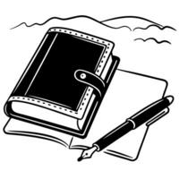 Notebook and fountain pen illustration writing, creativity, journal and notepad design in black and white vector