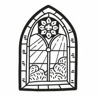Gothic Style Arched Window with Stained Glass Sun and Nature Scene vector