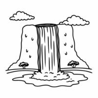 Hand drawn Waterfall Scene with Trees and Clouds in Black and White vector