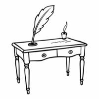 Vintage Writing Desk with Feather Quill and Inkpot Sketch Illustration vector