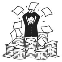 Overwhelmed employee drowning in paperwork stress with anxious expression among scattered documents vector