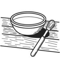 minimalistic woodcut soup bowl with spoon on wooden surface line art vector