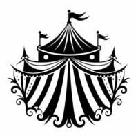 A black and white drawing of a circus tent with flags on top vector