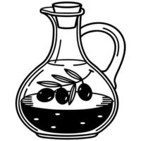 olive oil jug with olives inside black and white illustration of a jug with handle and separate olives, culinary cooking concept vector