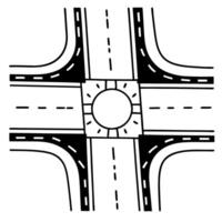 Urban intersection diagram showing roundabout and roads layout in black and white vector