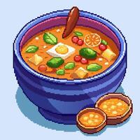 Pixel Art Spicy Ramen Bowl with Toppings and Dumplings vector
