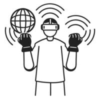 virtual reality experiences and global connectivity person with vr headset and gloves, digital world interaction vector