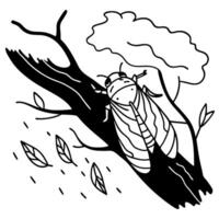 Cicada resting on tree branch, nature scene with leaves and cloud illustration vector