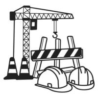 construction site equipment, including crane, hard hats, traffic cones, and barriers building and safety tools for engineering projects vector