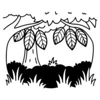 Jungle scene with trees and leaves, black and white illustration vector