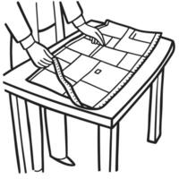 tailor aligning fabric on table for measurement precision cutting, sewing pattern, crafting garment design vector