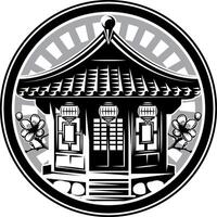 Traditional Japanese Temple with Lanterns and Cherry Blossoms in a Circular Frame vector