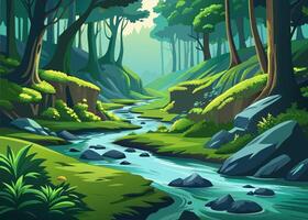 Serene Forest Stream Scene with Lush Greenery and Sunlit Path vector