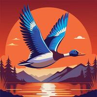 Majestic Bird Soaring Above Tranquil Lake and Forest Scenery vector