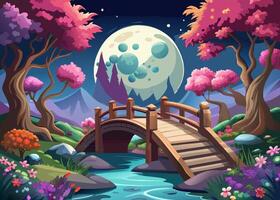 A serene night scene with a wooden bridge over a calm river surrounded by blooming trees and a large moon in the sky creating an enchanting atmosphere vector