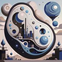 Surreal urban scene with a yin-yang symbol and bubbles in a dreamlike city vector