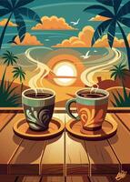 Sunset beach scene with two steaming coffee cups and palm trees silhouette vector