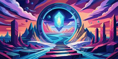 Futuristic Landscape with Crystal Portal and Stairway to Another Dimension vector