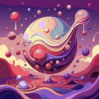 Psychedelic dreamscape with intertwined waves and floating bubbles vector