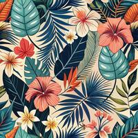Vibrant Jungle Pattern with Colorful Flowers and Green Leaves. Seamless Pattern vector