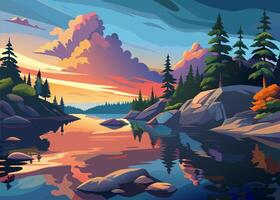 Dawn at a mountain lake with colorful clouds reflecting in the water vector