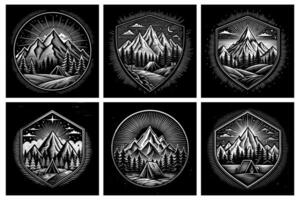 Chic Badge Templates with Mountain and River Silhouette on Dark Canvas vector
