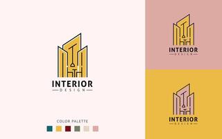 nterior Logo Design Minimalist, With building, Hanging Lamp, Chairs And Tables vector