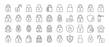 Collection of Lock Related Line Icons. Door and Padlock Outline Signs for Graphic and Web Design, Apps, Adverts, Various Cards vector