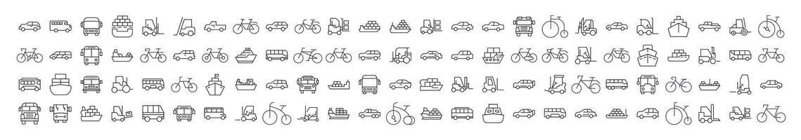 Bus, Ship, Tractor, Bicycle, Car Thin Icons Collection. Editable Stroke. Perfect for Web Sites, Books, Cards, Apps vector