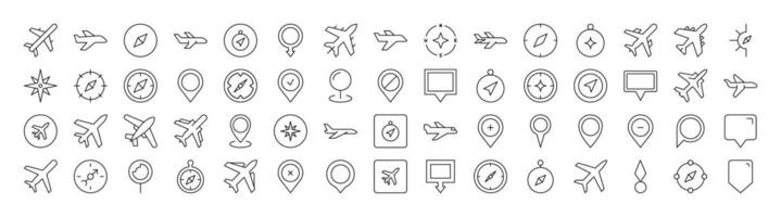 Plane, Map Pin, Compass Line Icon Collection. Outline Signs for Graphic and Web Design, Apps, Adverts, Various Cards vector