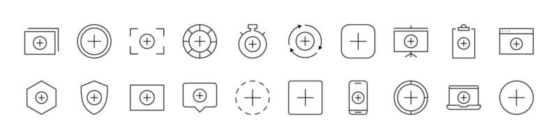 Plus Sign Line Icon Pack. Outline Signs for Graphic and Web Design, Apps, Adverts, Various Cards vector