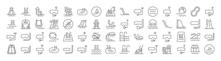Water Park, Aquapark, Swimming Pool, Diving Line Icon Set. Outline Signs for Graphic and Web Design, Apps, Adverts, Various Cards vector