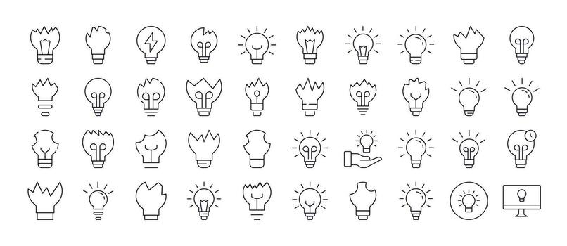 Bundle of Light Related Line Icons. Lamps and Broken Lamps Outline Signs for Graphic and Web Design, Apps, Adverts, Various Cards vector