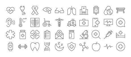 Set of Line Icons of Medical Cross, Heart, Bones, Health Care. Minimalistic Linear Pictogram for Web and Graphic Design, Apps, Banners, Social Network and Cards vector